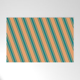 [ Thumbnail: Brown & Teal Colored Stripes Pattern Welcome Mat ]