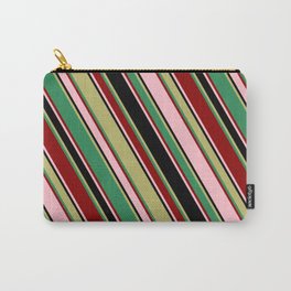[ Thumbnail: Colorful Pink, Black, Dark Khaki, Sea Green & Dark Red Colored Pattern of Stripes Carry-All Pouch ]