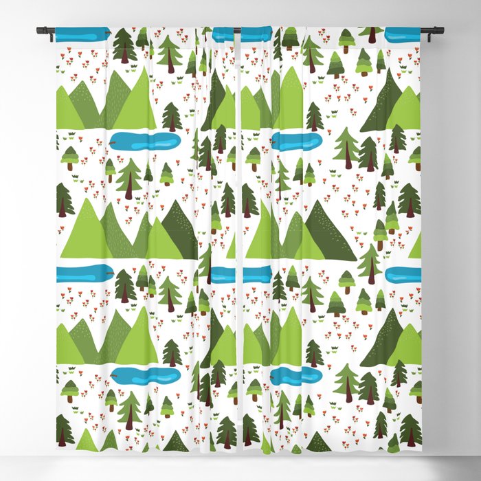 Mountain forest with lots of trees, flower meadow, and lakes on a white background. Blackout Curtain