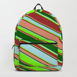 [ Thumbnail: Vibrant Powder Blue, Chartreuse, Brown, Dark Salmon & Dark Green Colored Lined/Striped Pattern Backpack ]