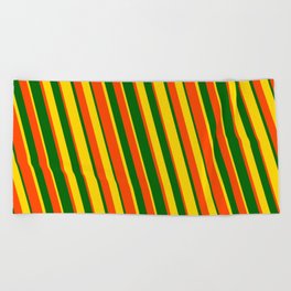 [ Thumbnail: Dark Green, Yellow, and Red Colored Stripes Pattern Beach Towel ]