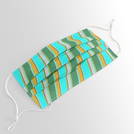 [ Thumbnail: Cyan, Orange, Sea Green, and Light Grey Colored Lined Pattern Face Mask ]