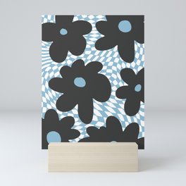  Retro Flowers on Warped Checkerboard \\ DARK GREY AND PASTEL BLUE COLOR PALETTE Mini Art Print