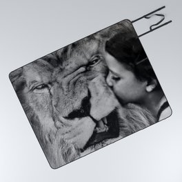 Grouchy Lion being kissed by brunette girl black and white photography Picnic Blanket