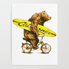 California bear with bicycle and surfboard for surfers Poster
