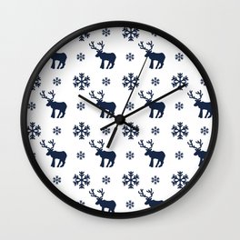 Christmas Pattern White Navy Blue Snowflake Deer Wall Clock