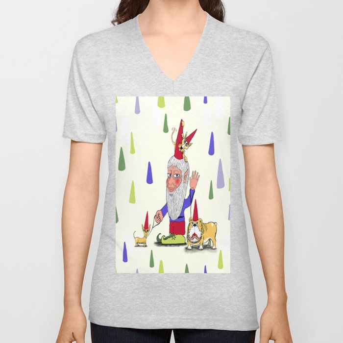 A gnome, two dogs, and a cat V Neck T Shirt