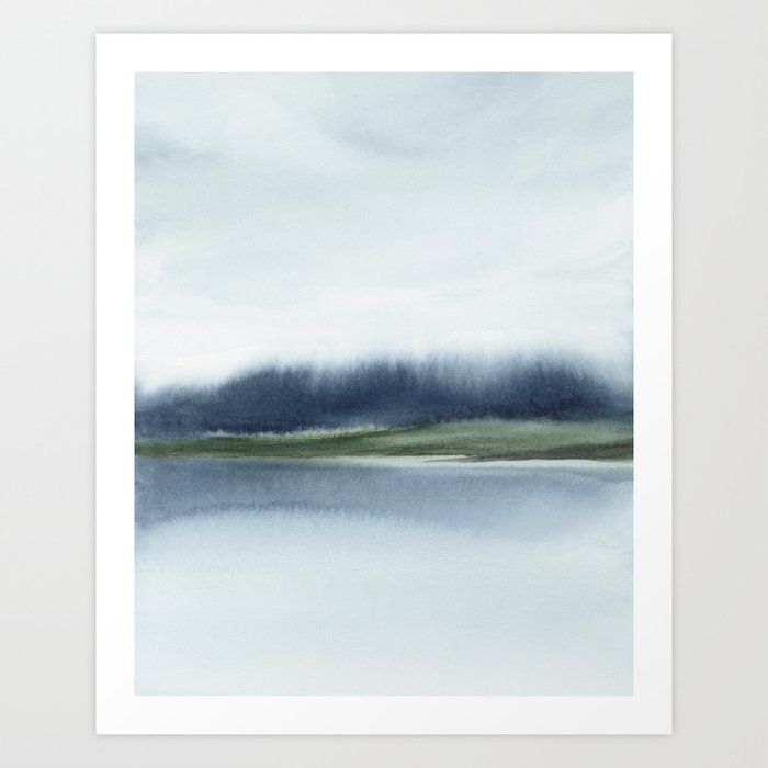 Indigo Forest II - Navy Blue Forest, Sage Green Trees, Nature Lake Watercolor, Abstract Painting Art Wall Décor Art Print