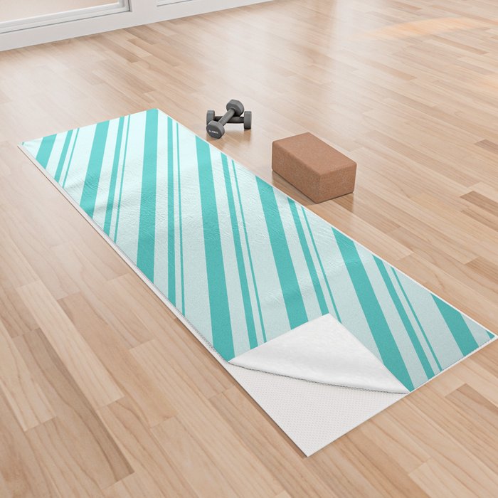 Turquoise and Light Cyan Colored Lined/Striped Pattern Yoga Towel