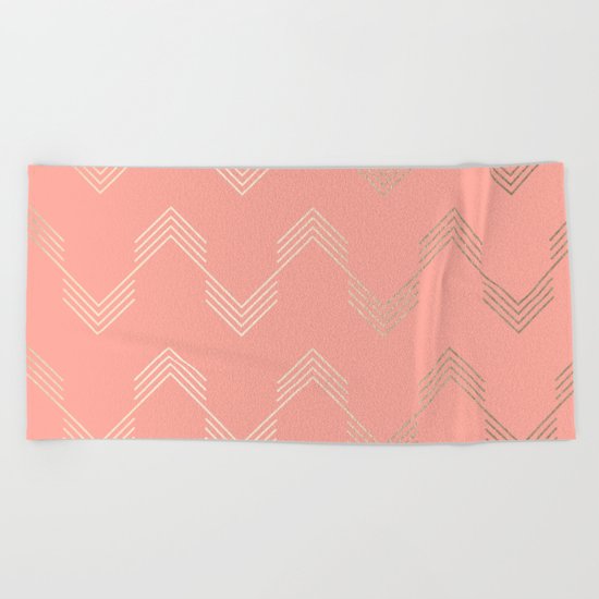 Simply Deconstructed Chevron White Gold Sands on Salmon Pink Beach Towel