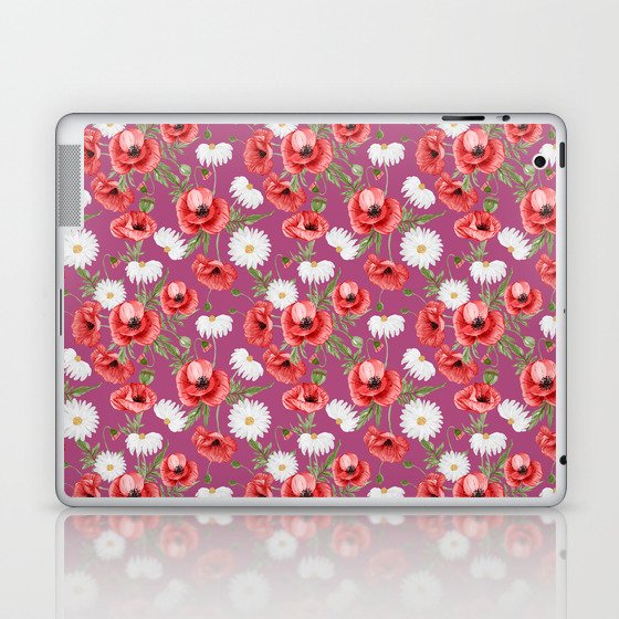Daisy and Poppy Seamless Pattern on Magenta Background Laptop & iPad Skin