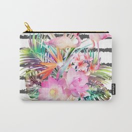 Tropical floral leaves and flamingos stripes Carry-All Pouch