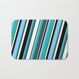 [ Thumbnail: Light Sky Blue, Light Sea Green, Dark Slate Gray, Mint Cream, and Black Colored Pattern of Stripes Bath Mat ]