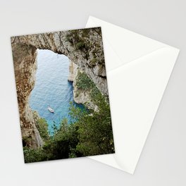 Natural Arch, Capri, Italy | Sailing boat on the sea by the rocky cliffs | Italian Natural Hotspot Stationery Card