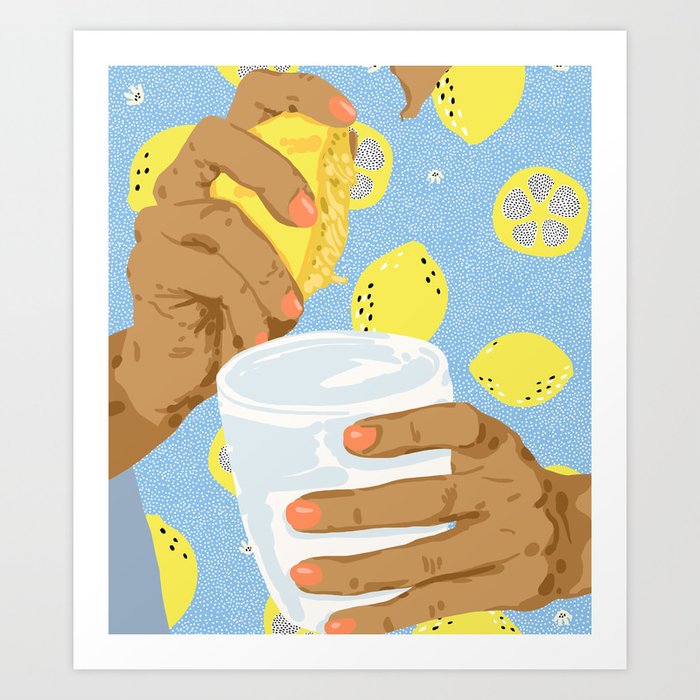 Squeeze The Day, Juicy Lemon Summer Illustration, Quirky Hands Fruit Eclectic Concept Painting Art Print
