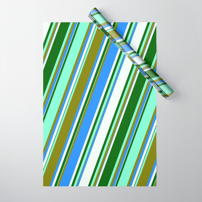 Aquamarine, Green, Blue, Mint Cream, and Dark Green Colored Lined/Striped Pattern Wrapping Paper