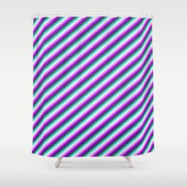 [ Thumbnail: Dark Slate Gray, Turquoise, Light Cyan, Violet, and Dark Violet Colored Lines/Stripes Pattern Shower Curtain ]