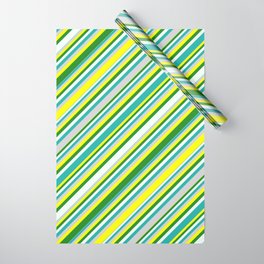 [ Thumbnail: Eyecatching Yellow, Forest Green, Mint Cream, Light Sea Green, and Light Grey Colored Lined Pattern Wrapping Paper ]
