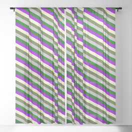 [ Thumbnail: Grey, Dark Green, Dark Violet, Light Yellow & Dark Olive Green Colored Stripes Pattern Sheer Curtain ]