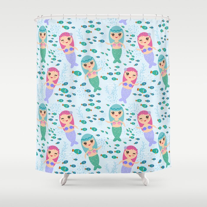 Mermaid With Blue And Pink Hair Cute Kawaii Girl Shower Curtain By