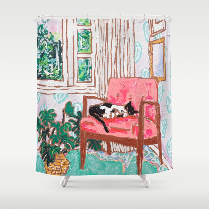 Little Naps - Tuxedo Cat Napping in a Pink Mid-Century Chair by the Window Shower Curtain