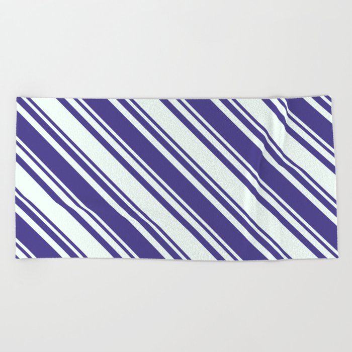 Dark Slate Blue & Mint Cream Colored Stripes/Lines Pattern Beach Towel