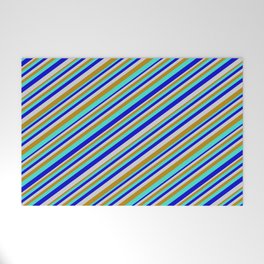 [ Thumbnail: Turquoise, Blue, Light Gray & Dark Goldenrod Colored Pattern of Stripes Welcome Mat ]
