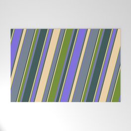 [ Thumbnail: Tan, Green, Medium Slate Blue, Slate Gray, and Dark Slate Gray Colored Lined/Striped Pattern Welcome Mat ]