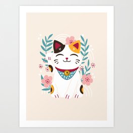 Japanese Lucky Cat with Cherry Blossoms Art Print