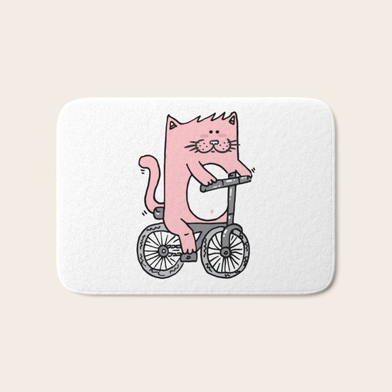 Cute pink cat riding the bike Bath Mat