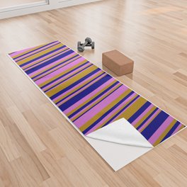 [ Thumbnail: Dark Goldenrod, Orchid, and Blue Colored Striped/Lined Pattern Yoga Towel ]