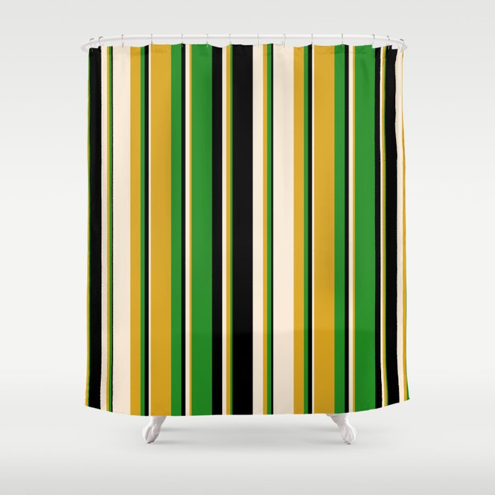 Goldenrod, Beige, Black & Forest Green Colored Striped Pattern Shower Curtain