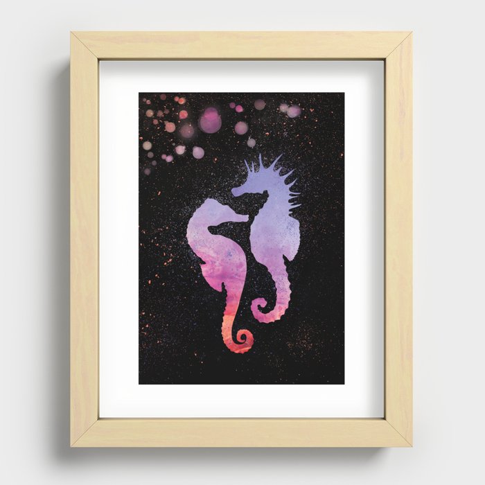 Colorful Seahorses in Space in blue orange and purple hues on black background Recessed Framed Print