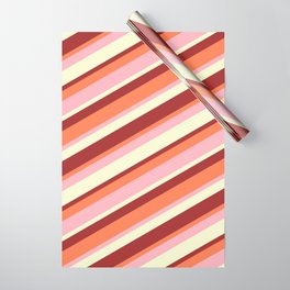 [ Thumbnail: Light Yellow, Brown, Coral & Light Pink Colored Stripes/Lines Pattern Wrapping Paper ]