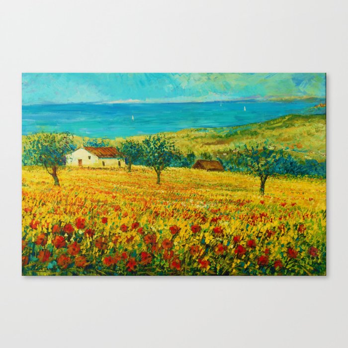 Rolling Hills of Red Poppies, Tuscany, Italy Landscape Painting Canvas Print