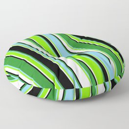 [ Thumbnail: Colorful Forest Green, Light Sky Blue, Green, White, and Black Colored Pattern of Stripes Floor Pillow ]