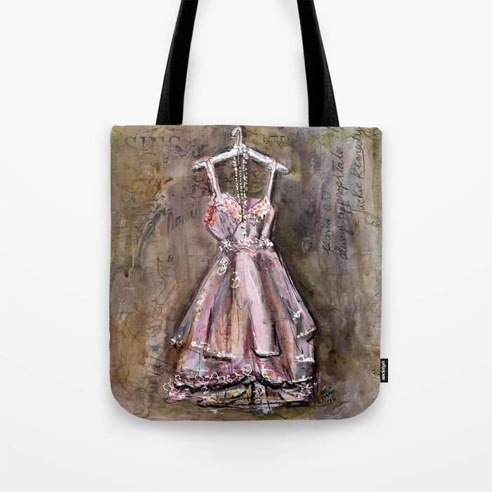 Vintage Pink Dress with Pearls Mixed Media Tote Bag