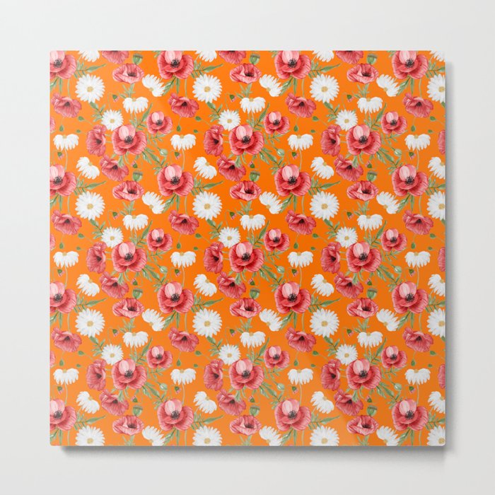 Daisy and Poppy Seamless Pattern on Orange Background Metal Print