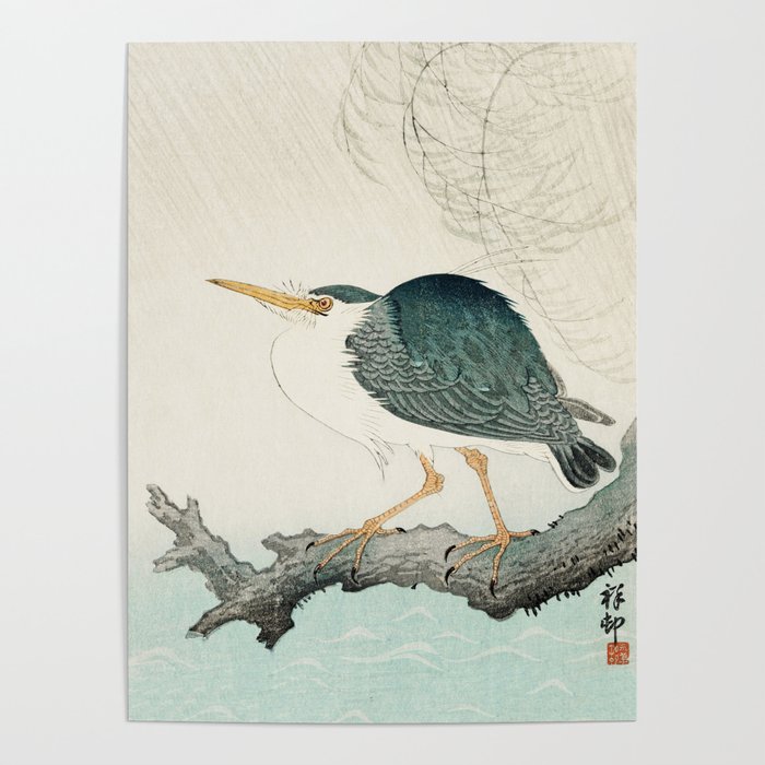Ohara Koson, Blue Heron On Tree - Japanese Vintage Woodblock Print Poster