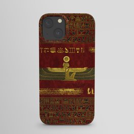 Golden Egyptian God Ornament on red leather iPhone Case