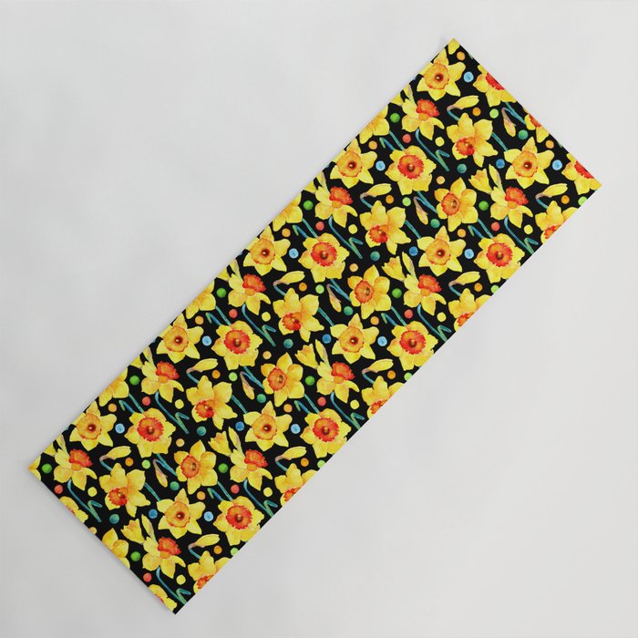 Yellow Daffodils with a Black Background Yoga Mat