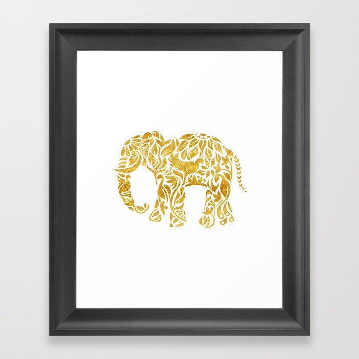 Floral Elephant in Gold Framed Art Print