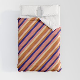 [ Thumbnail: Blue, Light Coral, Tan & Chocolate Colored Lined/Striped Pattern Duvet Cover ]
