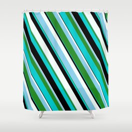 [ Thumbnail: Eye-catching Mint Cream, Sky Blue, Forest Green, Dark Turquoise & Black Colored Pattern of Stripes Shower Curtain ]