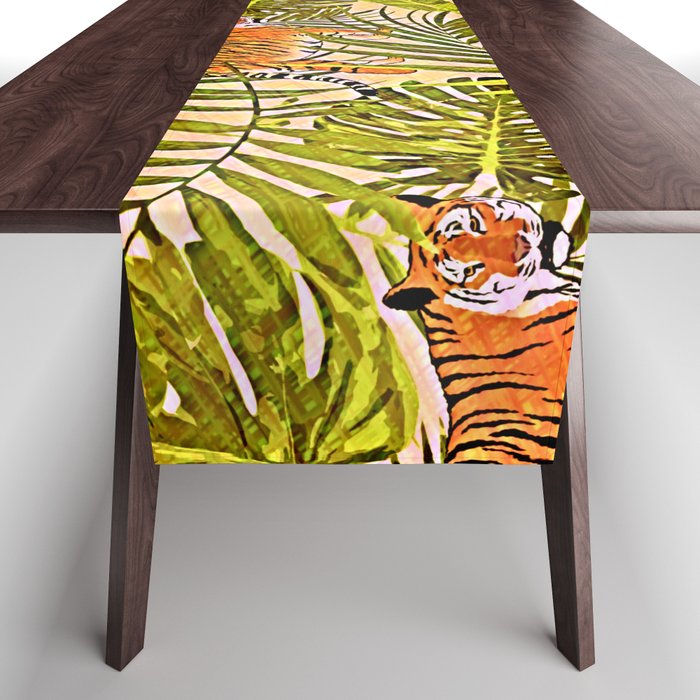 Retro Vintage Tiger Leaves Rainforest Table Runner