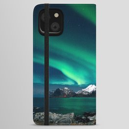 Norway Photography - Green Northern Lights Over Snowy Mountains iPhone Wallet Case