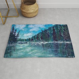 Emerald Dream Rug | Rockymountain, Lake, Trees, Clouds, Reflection, Pines, Painting, Teal, Mountain, Pastels 
