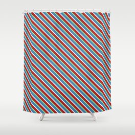[ Thumbnail: Blue, Mint Cream, Red, and Green Colored Stripes/Lines Pattern Shower Curtain ]