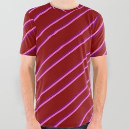 [ Thumbnail: Dark Red, Purple, and Hot Pink Colored Striped/Lined Pattern All Over Graphic Tee ]