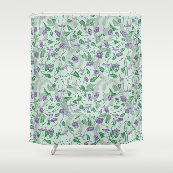 Purple Morning Glory With Ornaments On Light Green Background Shower Curtain By Pinatafoundry Society6 Green Background Shower Curtain, Purple And Sage Green Shower Curtain